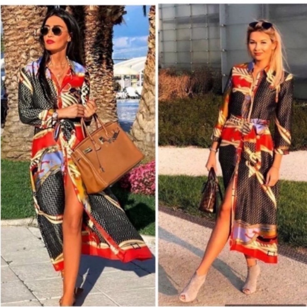 Zara Red, Black & Gold Maxi Shirt Dress